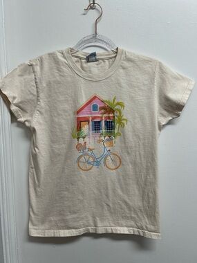 Cream Short Sleeve Tee with Beach House & Bicycle Graphic